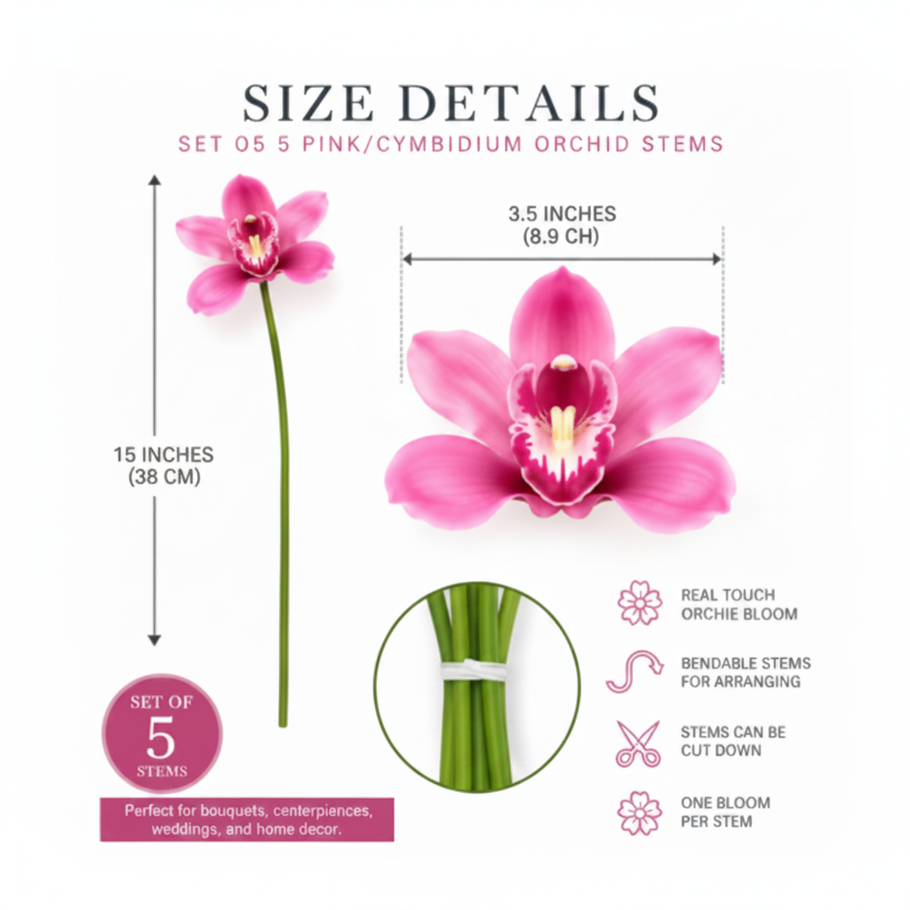 Size detail infographic showing 15 inch stem height and 3.5 inch bloom diameter for blush pink Cymbidium orchid stems
