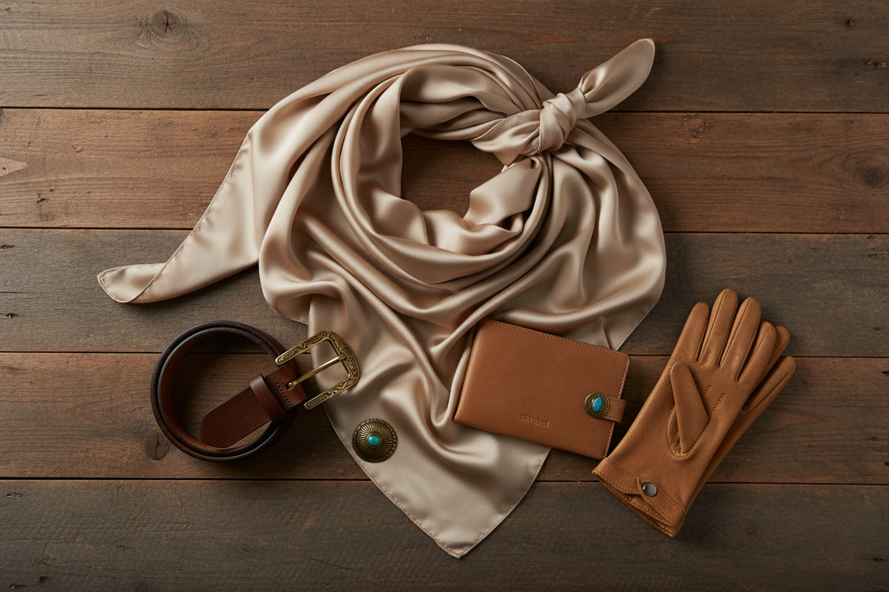 Champagne wild rag flat lay with leather belt, brass buckle, and tan leather accessories on barn wood