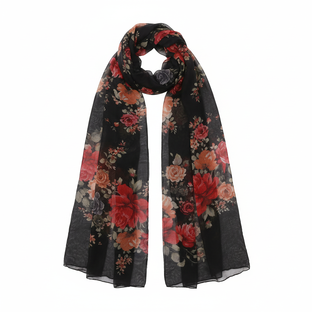Black chiffon floral scarf with rich red rose print, flat lay on pure white background, 70x30 inches, no tassels