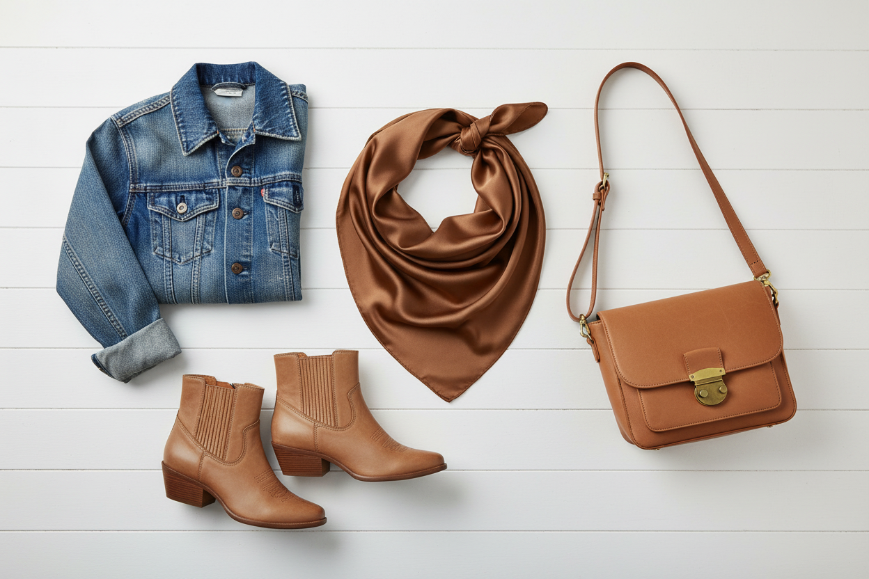 Saddle brown wild rag with denim jacket, tan leather boots, and crossbody purse, warm neutral styling