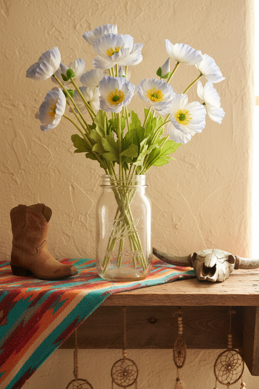 Light blue faux poppy flowers in vintage mason jar with southwestern textiles, western ranch decor