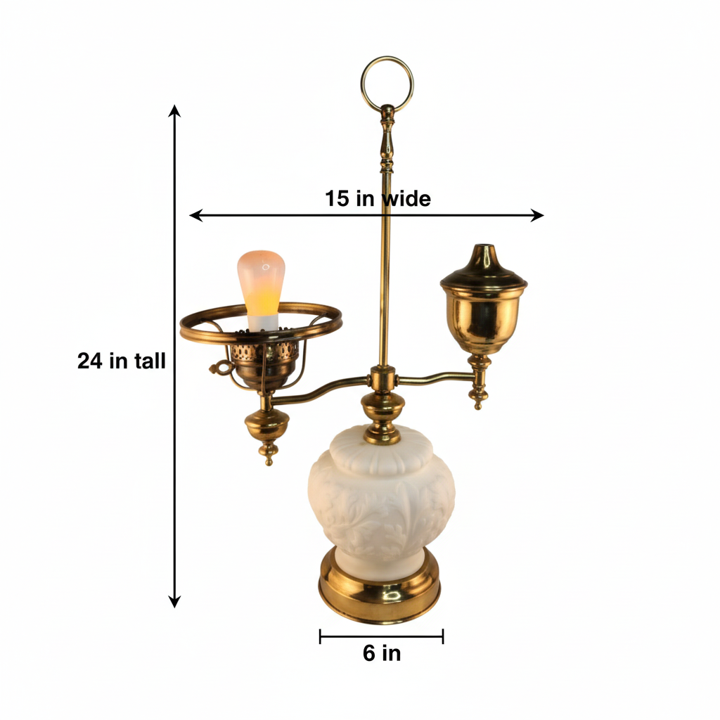 Vintage Victorian student lamp measurement diagram: 24 inches tall, 15 inches wide, 6 inch base diameter
