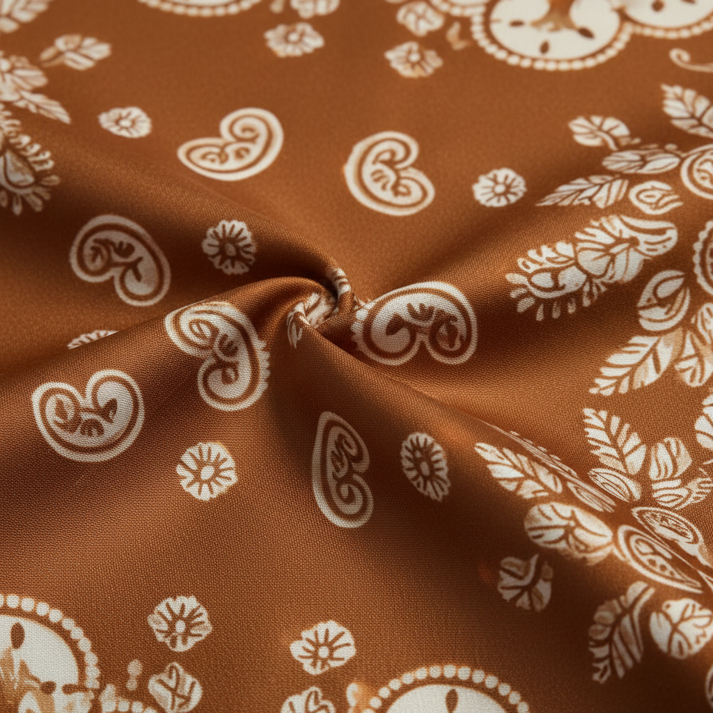 Close-up fabric detail of caramel brown satin polyester with intricate white paisley print, smooth silky texture with subtle sheen