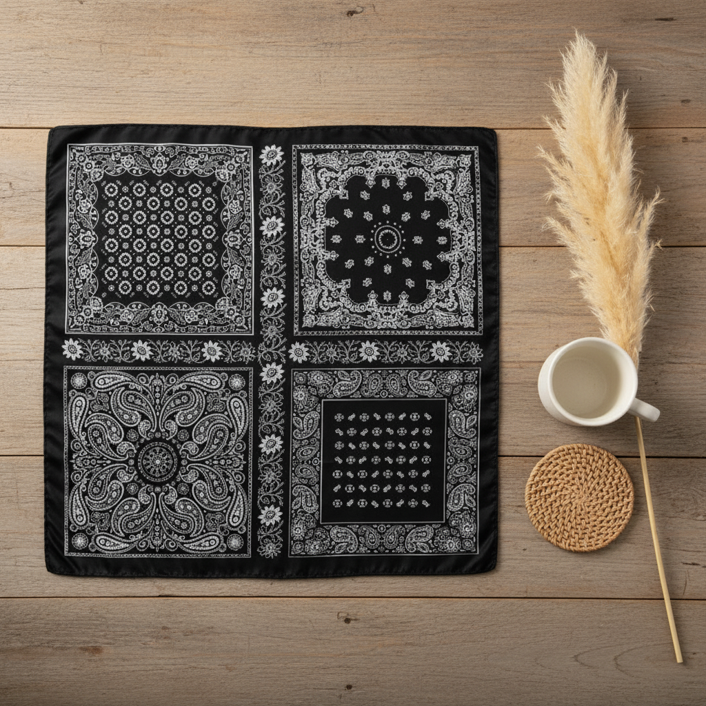 Black and white paisley bandana square scarf laid flat open on weathered wood surface showing four-quadrant pattern with minimal boho props