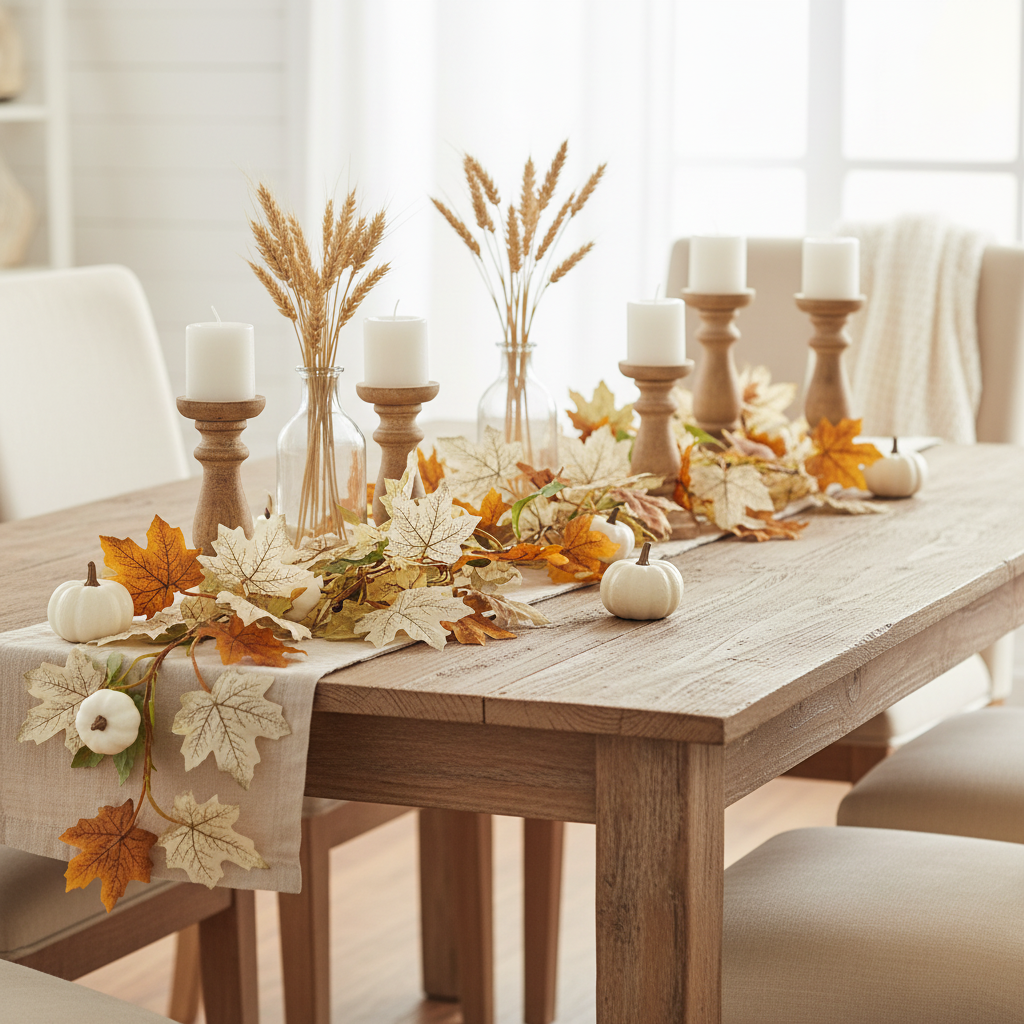 Autumn white pumpkin maple leaf garland draped as a centerpiece down a rustic farmhouse dining table with candles, small pumpkins, and dried wheat stems