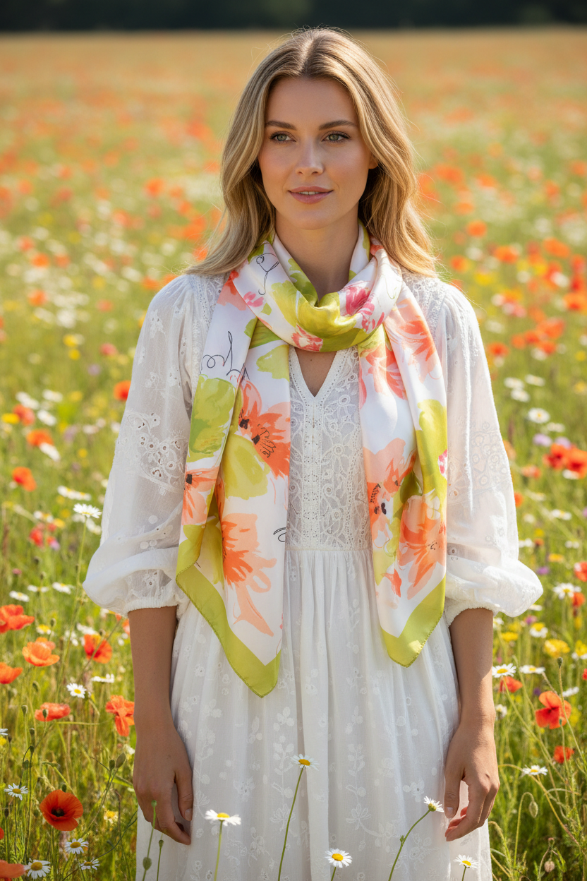 Woman with light skin tone and blonde hair wearing a green orange pink watercolor floral satin scarf loosely draped around the neck in a boho style with a white flowy dress in a wildflower garden setting