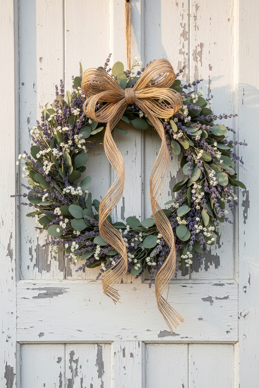 Rustic farmhouse wreath with eucalyptus, lavender, and white wildflowers tied with natural jute twine bow hanging on a weathered white barn wood door