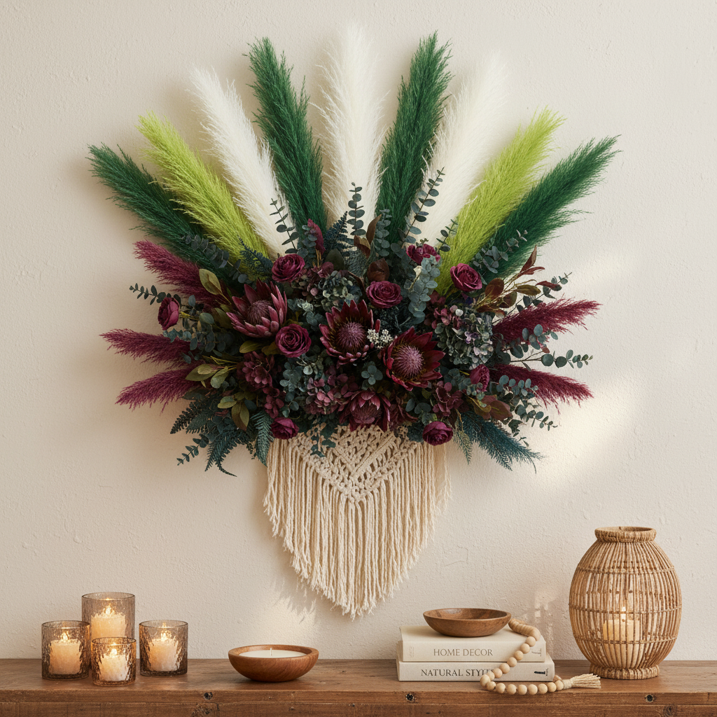 White and green faux pampas grass 16 stem bundle in boho macrame wall hanging with burgundy protea, plum lisianthus, dark teal hydrangeas and deep green eucalyptus