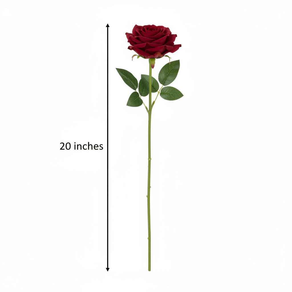 Dark red faux rose stem standing upright measurement diagram showing 20 inches height