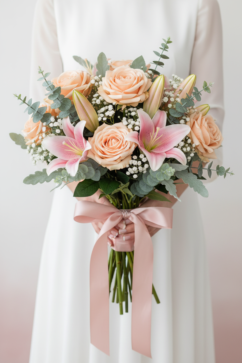 Set of 6 champagne artificial rose stems arranged in a romantic bridal wedding bouquet with pink lilies, baby's breath, and eucalyptus greenery tied with a blush ribbon