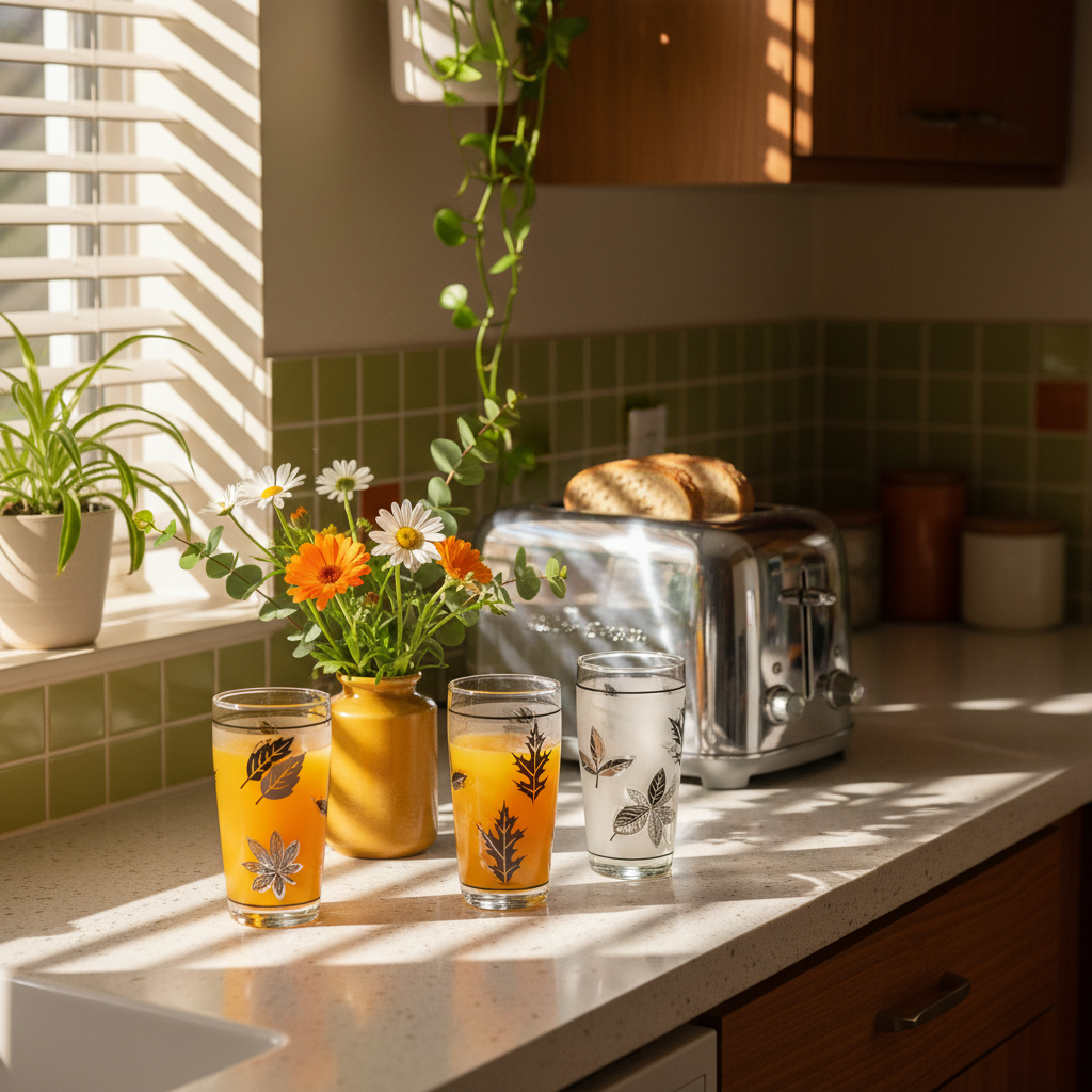 Vintage Libbey Silver Foliage juice glasses filled with orange juice on mid-century modern kitchen counter with chrome toaster and morning sunlight