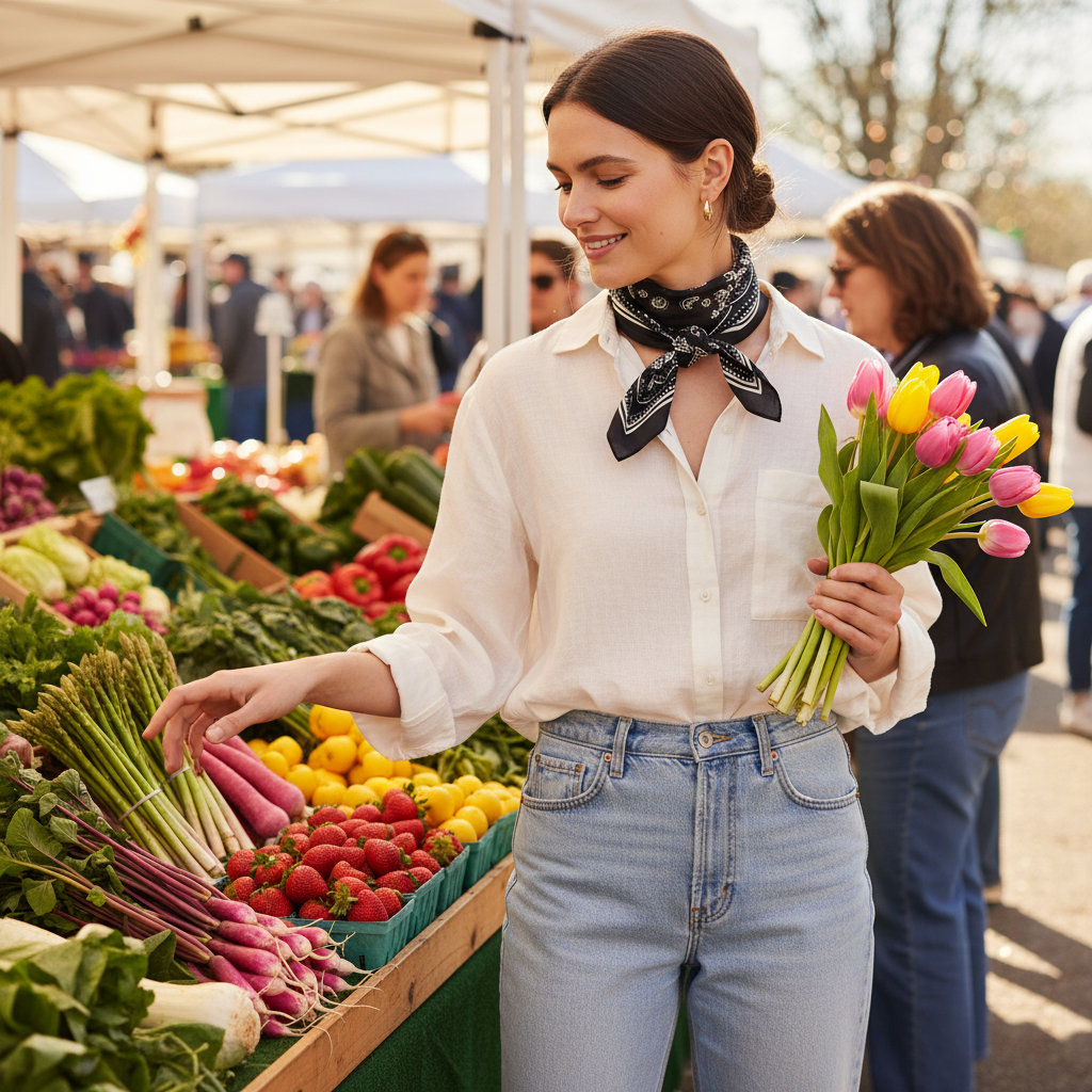 Woman wearing black paisley neck scarf at spring farmers market