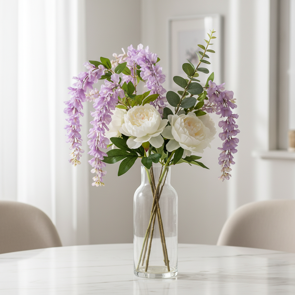 Artificial lavender wisteria stem in a tall clear glass vase with white peonies and eucalyptus on a marble table