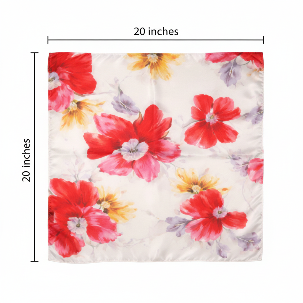 Red Floral Satin Scarf Measurement Diagram 20 x 20 Inches Square Dimensions