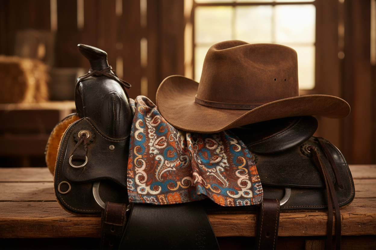 Wild rag scarf draped over cowboy hat and leather saddle rustic barn styling