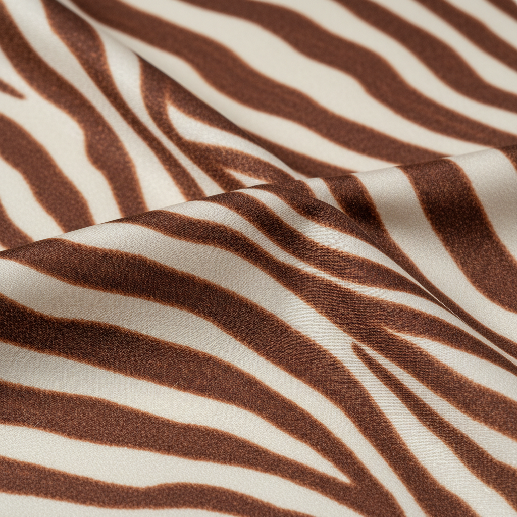 Close-up detail of brown cream zebra wave stripe satin fabric texture and pattern