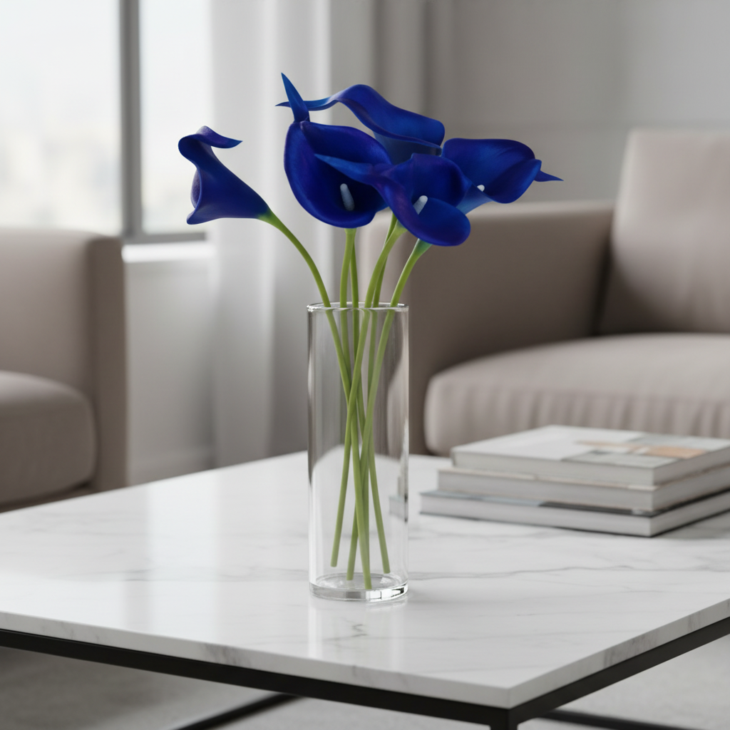 Cobalt blue faux calla lily stems in clear glass vase on marble table home decor
