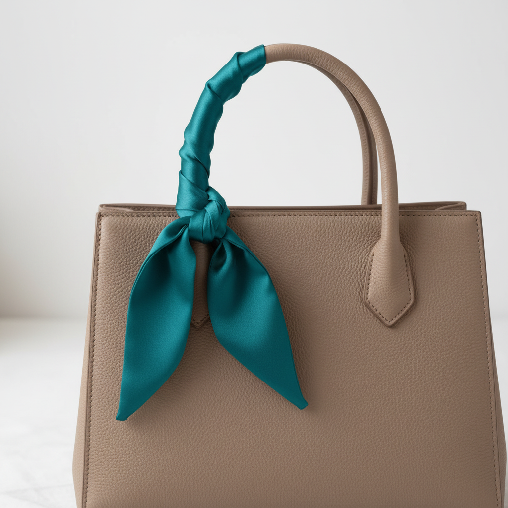 Teal satin wild rag scarf tied as a bow on a leather handbag handle – boutique bag accent styling