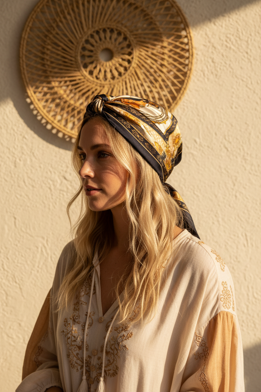Woman with blonde hair wearing navy gold equestrian horse medallion satin square scarf as boho hair wrap around bun with cream plaster wall background