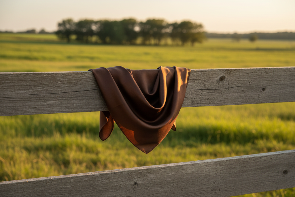 Chocolate brown wild rag draped on wooden fence with green grass and trees