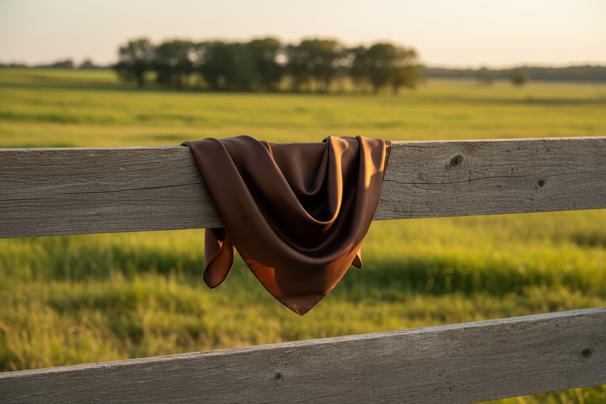 Chocolate brown wild rag draped on wooden fence with green grass and trees