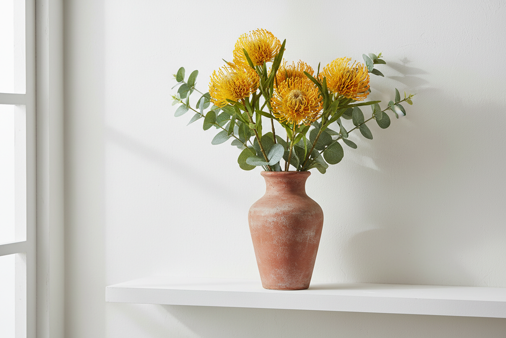 Yellow orange protea stems in rustic terracotta vase with eucalyptus, modern farmhouse tropical styling