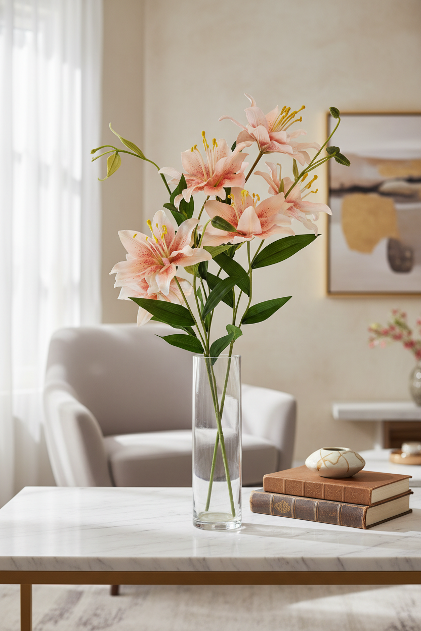 Peach coral lily stems in tall clear glass vase on white marble console table, warm elegant home decor
