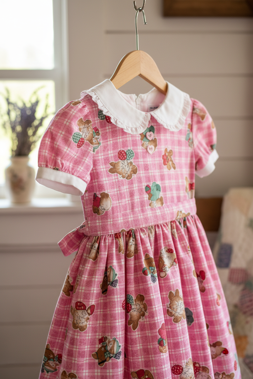 Children's dress made from pink plaid bunny fabric on hanger, showing sewing project example