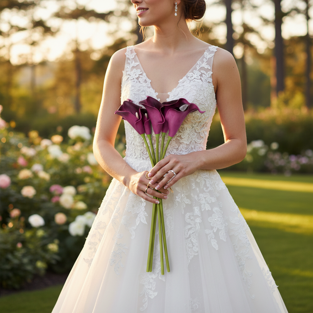 Plum purple real touch artificial calla lily bridal bouquet held by bride in white wedding gown - faux wedding flowers