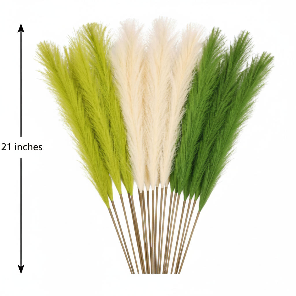 Green and white faux pampas grass 16 stem bundle measurement diagram showing 21 inches tall on white background