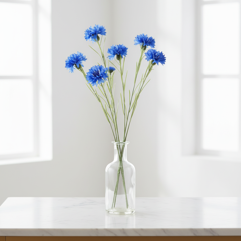 Artificial blue cornflower stems in clear glass vase on white marble table, modern organic home decor