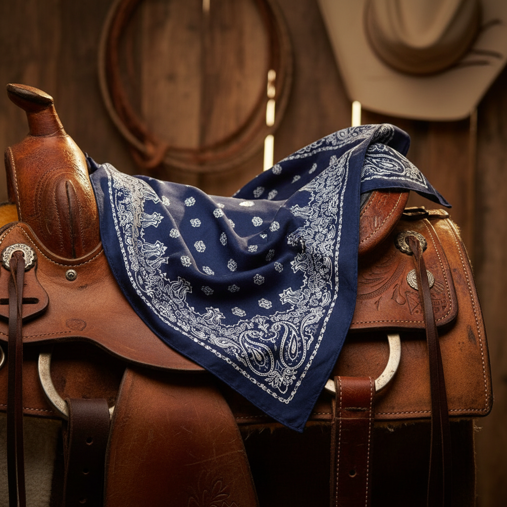 Navy blue paisley wild rag scarf draped over western saddle, rustic ranch aesthetic