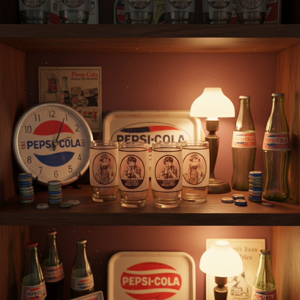 Set of 6 collectible 1970s Pepsi-Cola Gibson Girl tumblers displayed on a vintage curio shelf with Pepsi memorabilia and warm incandescent lighting