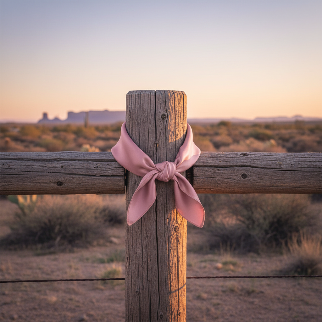 Dusty rose satin wild rag scarf draped on rustic fence western ranch lifestyle