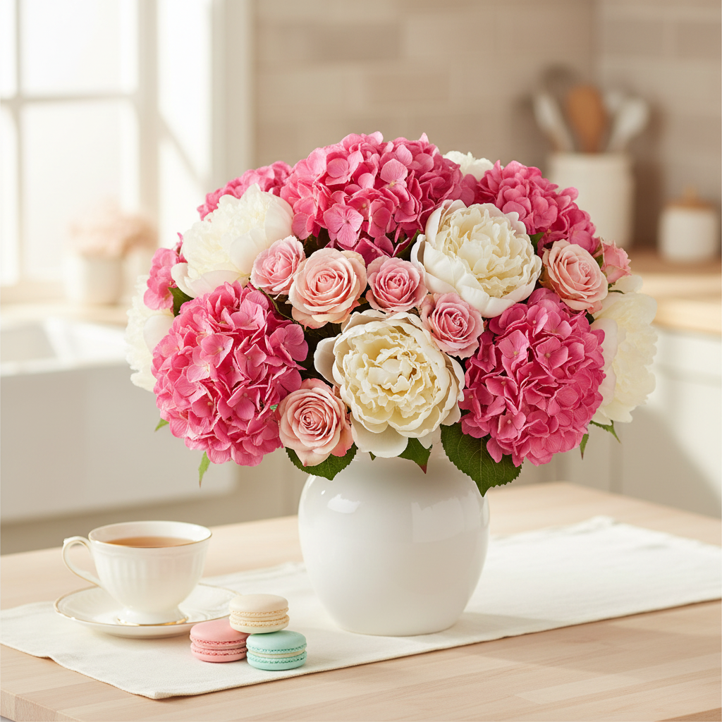 Pink hydrangea blush roses and white peonies fully arranged in white ceramic vase Mother's Day brunch table styling