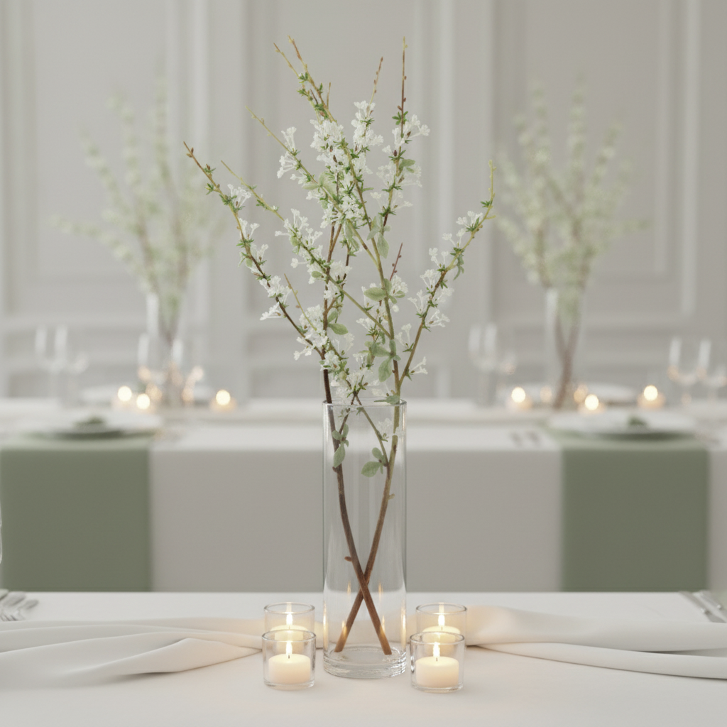 Artificial white blossom branch stems arranged in tall glass vase as elegant wedding reception centerpiece