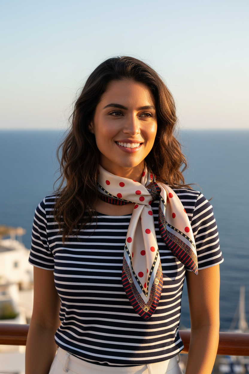 Woman with tanned skin long dark hair wearing cream red polka dot satin square scarf at neck navy stripe top cruise ship Mediterranean ocean background 20x20