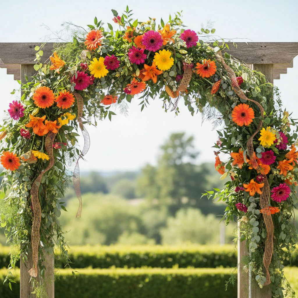 Copper mesh ribbon woven through a summer wedding arch with gerbera daisies and orange lilies