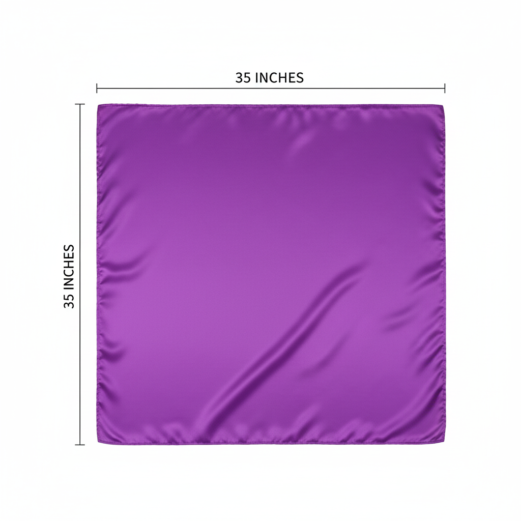 Measurement diagram showing purple wild rag scarf 35x35 inches laid flat on white background