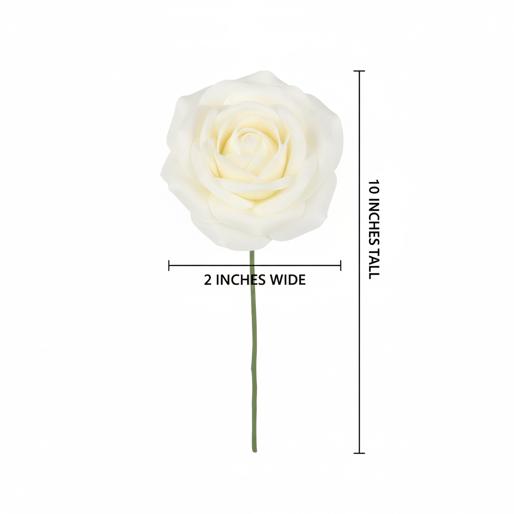 Single white artificial foam rose bloom measurement diagram on white background showing 10 inches tall and 2 inches wide with labeled dimension lines
