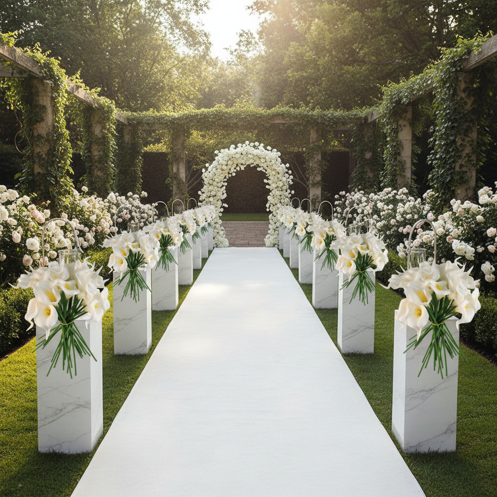 Elegant white artificial calla lily ceremony aisle arrangement on white pedestals, outdoor wedding venue garden setting