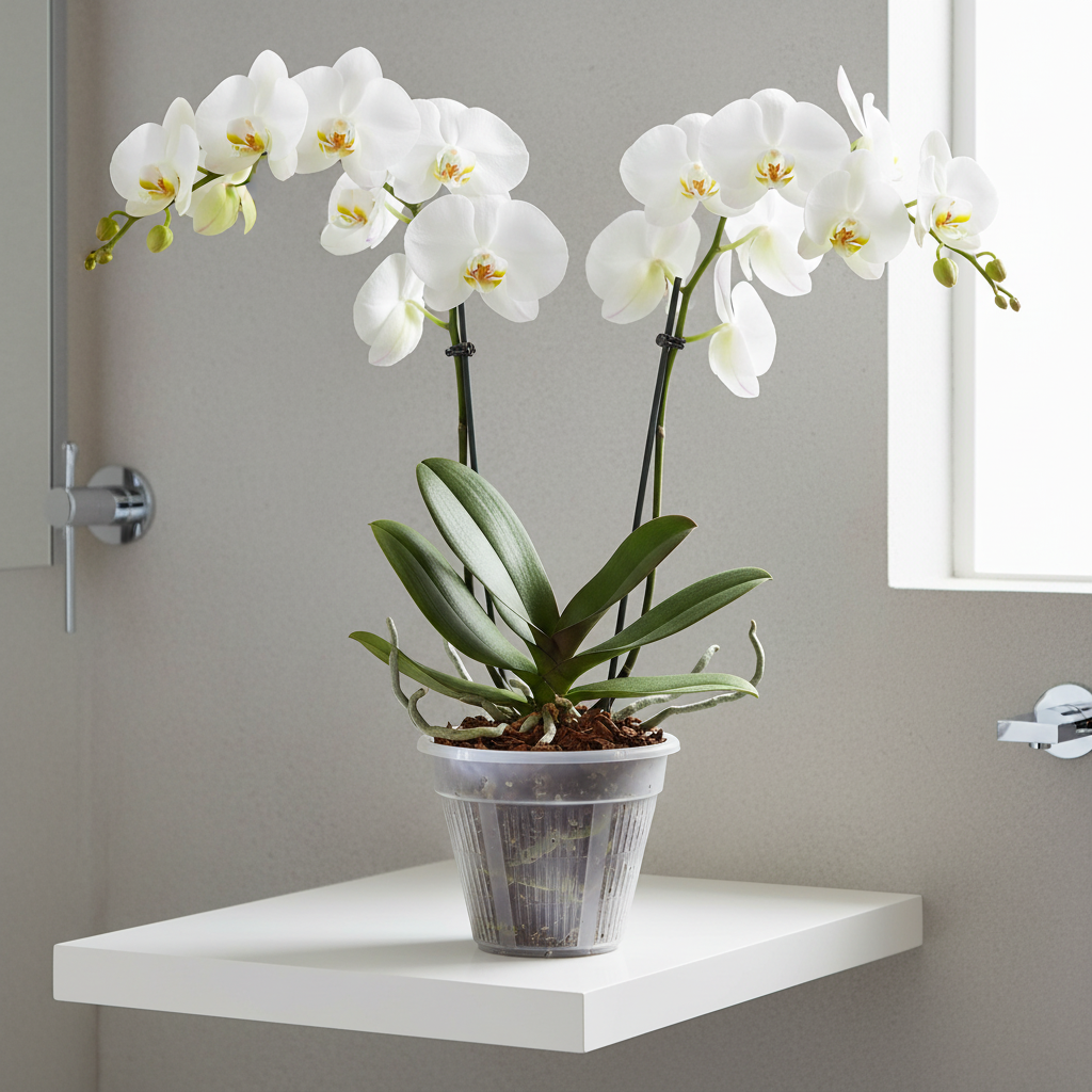 Clear 7 inch slotted orchid pot with open ventilation slits holding a white orchid on a modern bathroom shelf