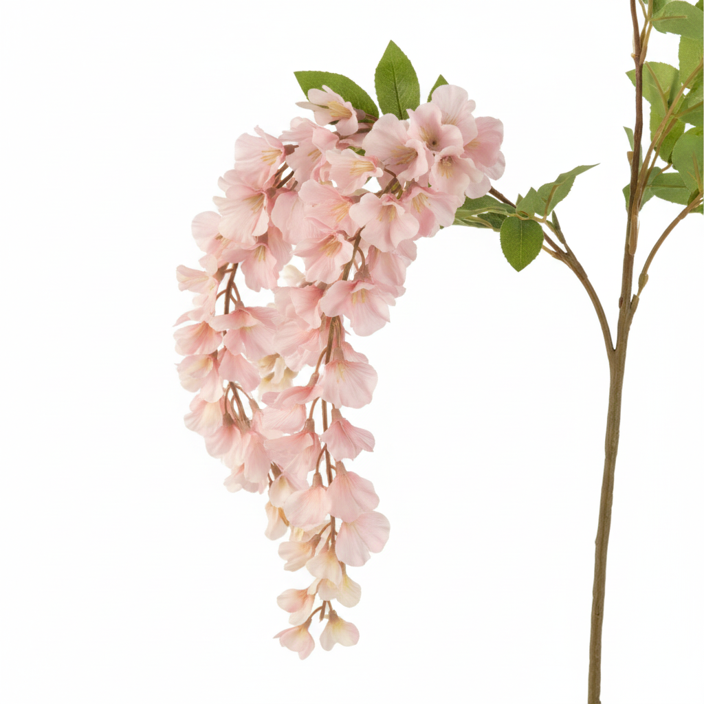 Close-up detail of artificial blush pink wisteria blooms showing soft pink silk petals with subtle tonal variation and realistic green leaves