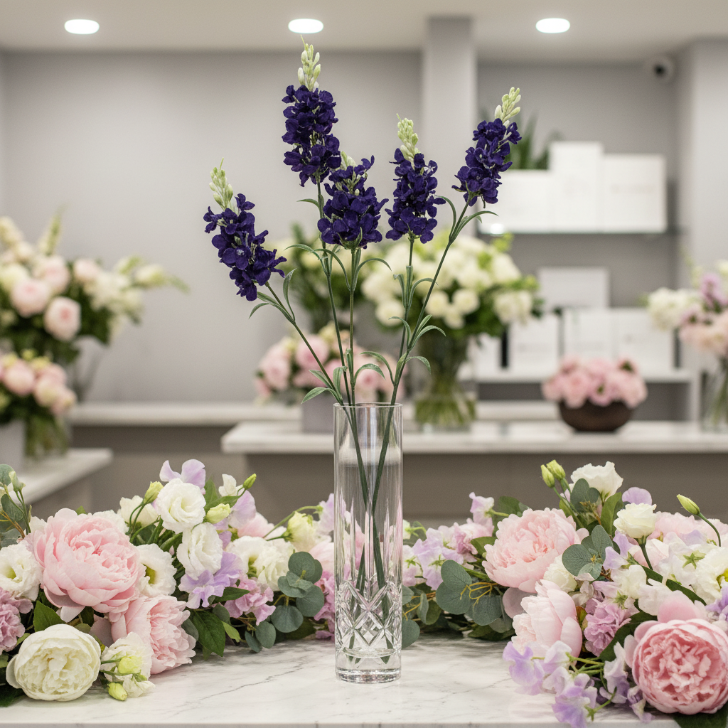 Artificial purple delphinium stems displayed in tall crystal vase on marble countertop in upscale boutique flower shop setting