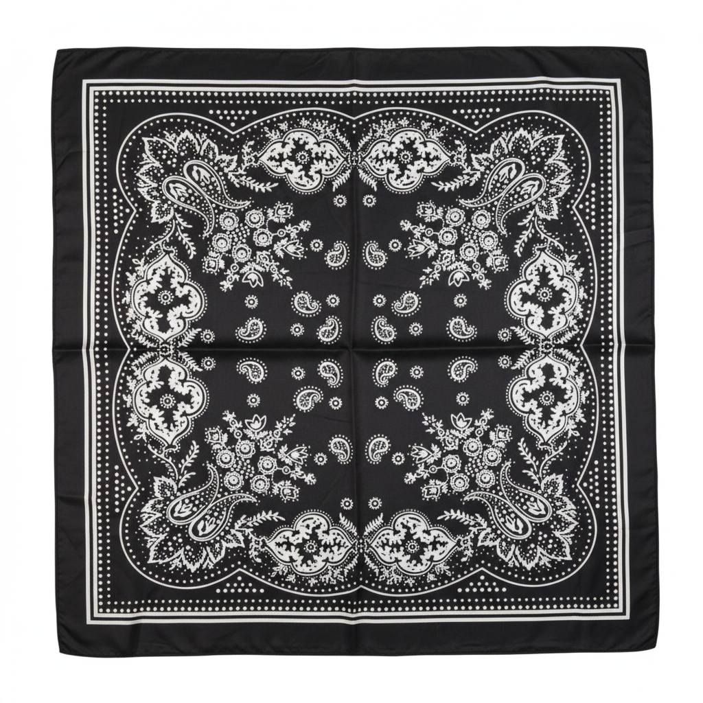 Black white paisley square scarf 27x27 inches flat lay on pure white background