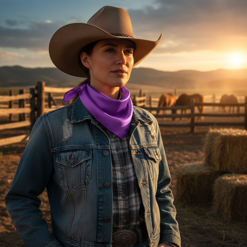 Cowgirl wearing violet purple wild rag scarf with denim jacket and western hat at ranch