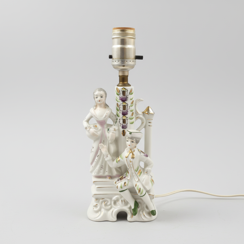 Vintage Wales Pottery porcelain boudoir lamp base, Victorian courting couple figural design, Made in Japan, no shade, 11.5 inches