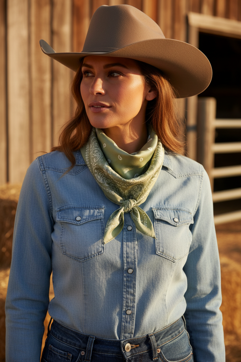 Woman with medium skin tone and brown hair wearing a sage green white paisley satin scarf tied as a western wild rag knot at the neck with a chambray shirt and cowboy hat at a ranch