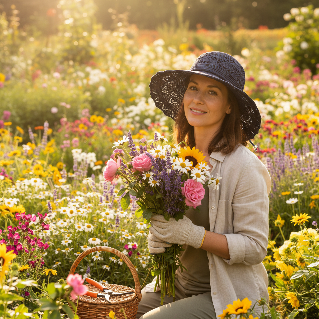 Woman wearing navy blue sun hat while gardening