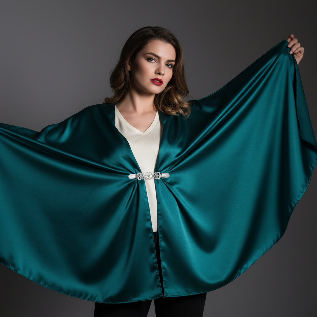 Silver sweater clip holding teal satin wild rag scarf as shawl wrap, luxury editorial